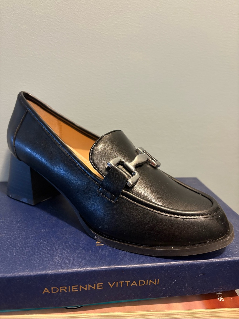 Adrienne Vittadini Black Leather Bit Loafer Heel